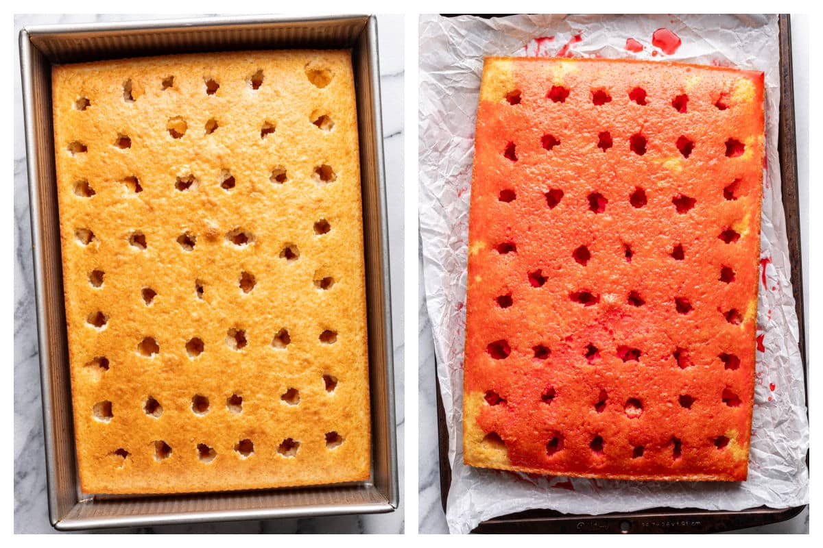 A baked white cake with holes poked in it and strawberry jello poured over poke cake. 