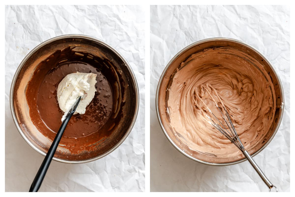Whipped cream folded into chocolate mixture.