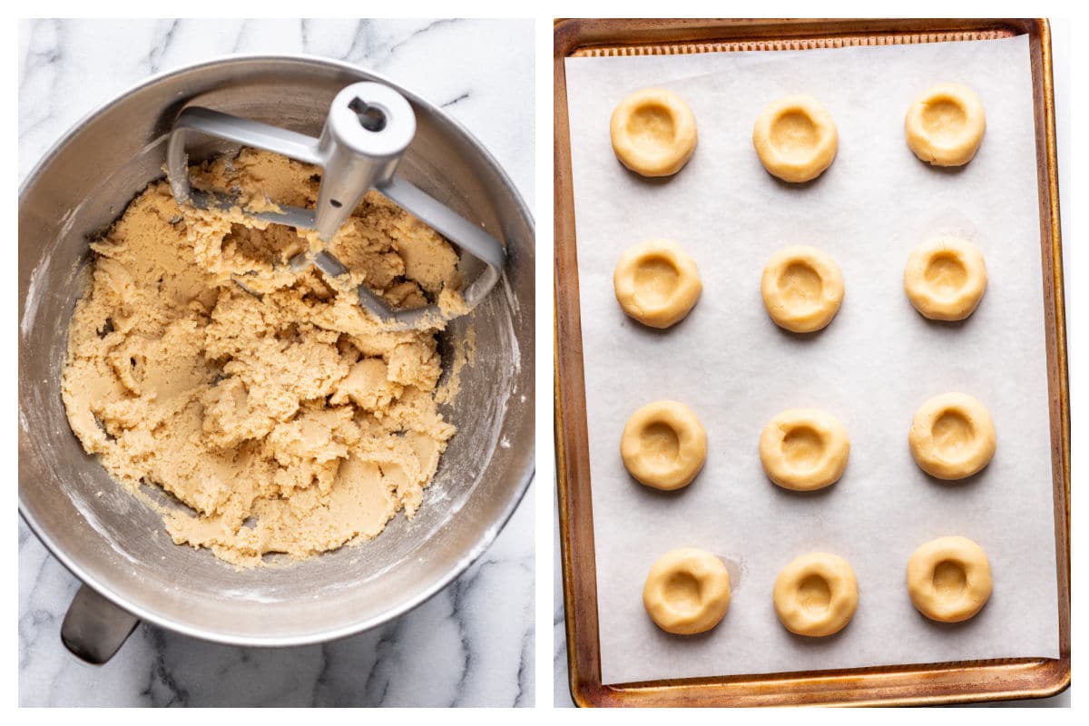 Strawberry shortcake cookie dough in a mixing bowl next to cookie dough on a cookie sheet.