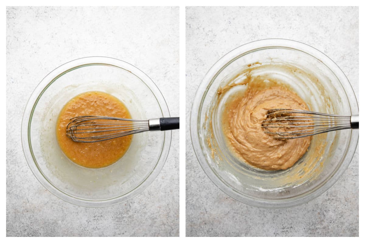Brown sugar, egg, and vanilla mixed into banana mixture alongside banana muffin batter.