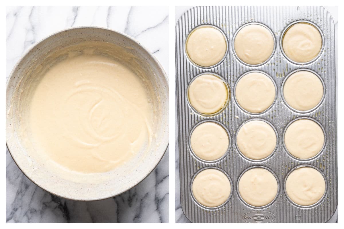 Cake batter in a mixing bowl next to pineapple upside down cake batter in a muffin tin.