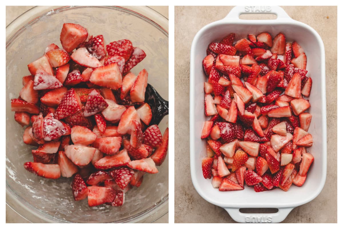 Strawberries tossed in sugar and cornstarch in a mixing bowl and a baking dish.