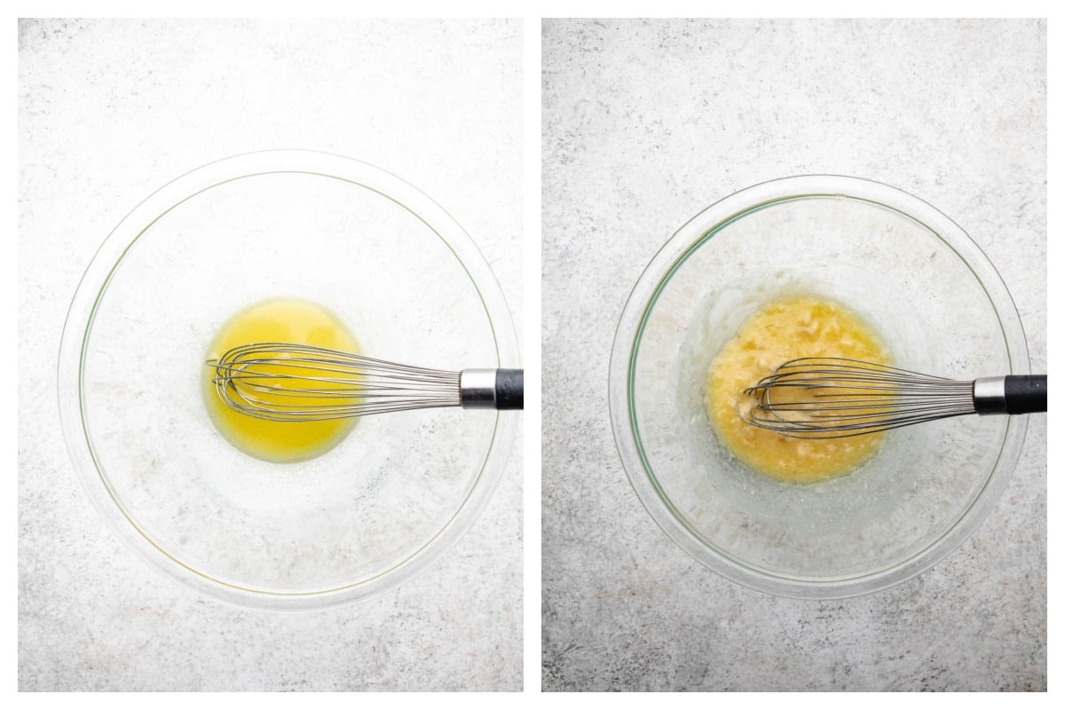 Melted butter in a mixing bowl next to mashed banana.