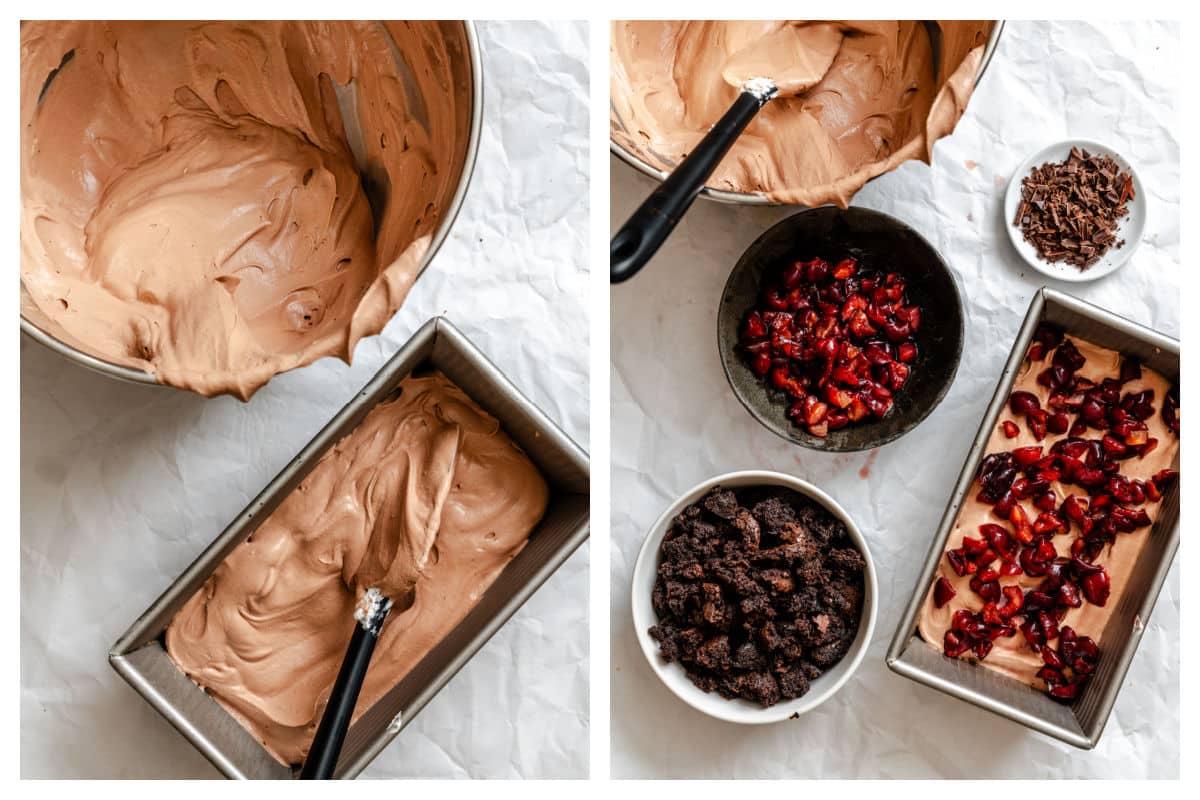 Half of chocolate ice cream in a loaf pan next to ice cream topped with brownie and cherry.