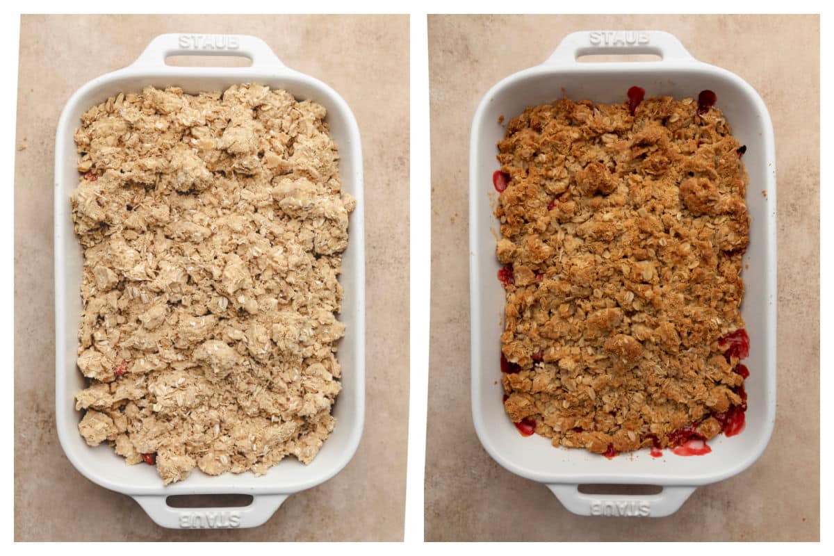 Crisp topping on strawberries in a baking dish and baked strawberry crisp.