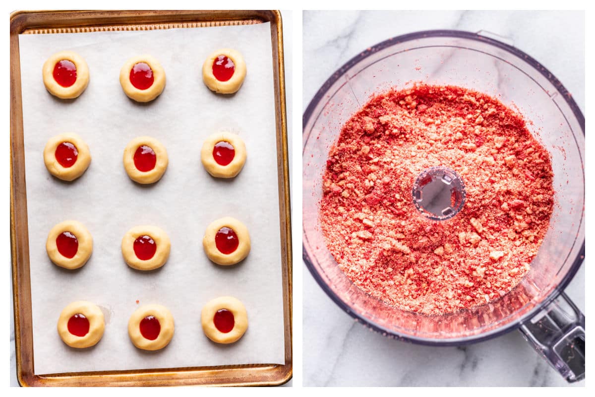 Strawberry shortcake cookie dough filled with strawberry preserves next to zipped oreos and freeze dried strawberries.