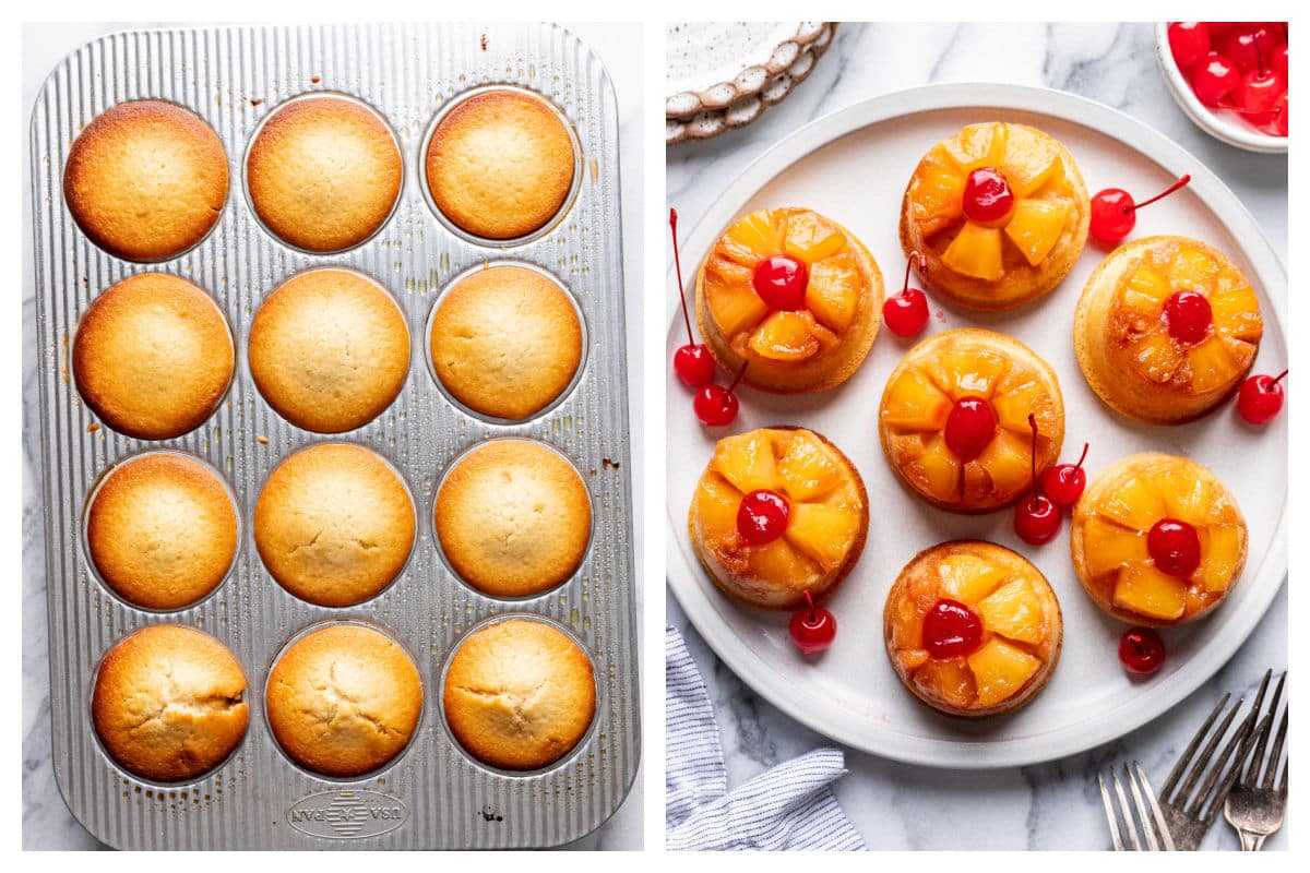 Baked pineapple upside down cupcakes in a muffin tin next to the cupcakes inverted on a platter.