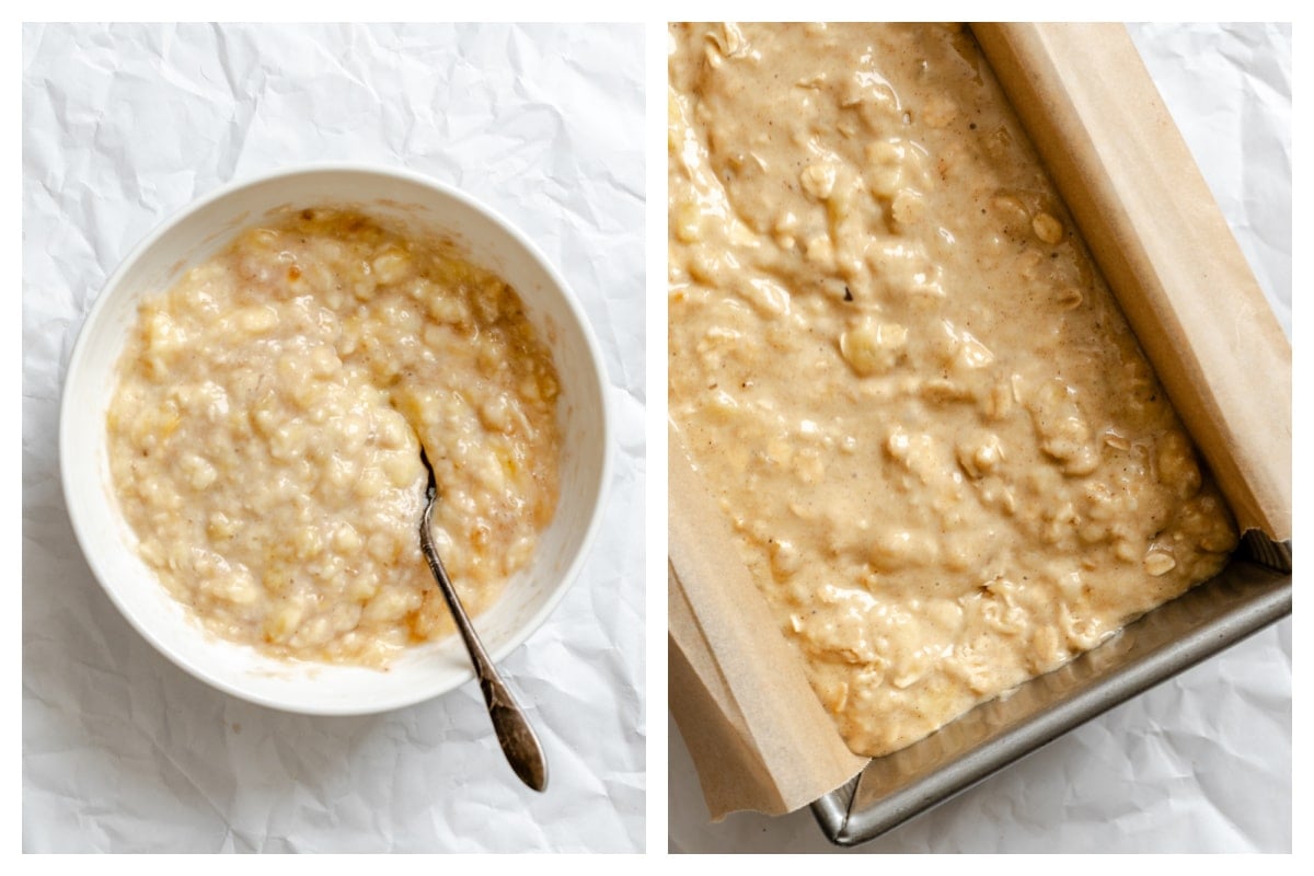 Banana oatmeal bread batter in a mixing bowl next to the batter in a loaf pan.