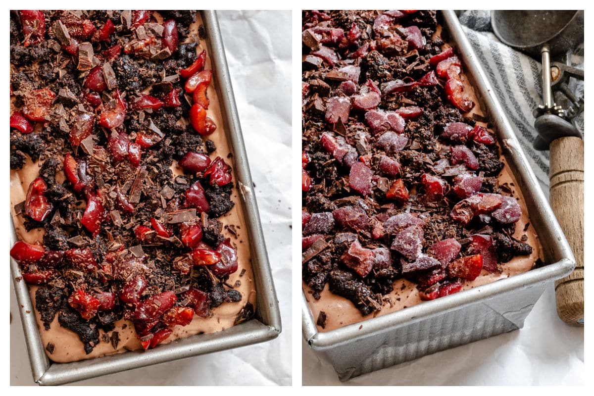 Black forest ice cream in a loaf pan next to frozen loaf pan of ice cream.