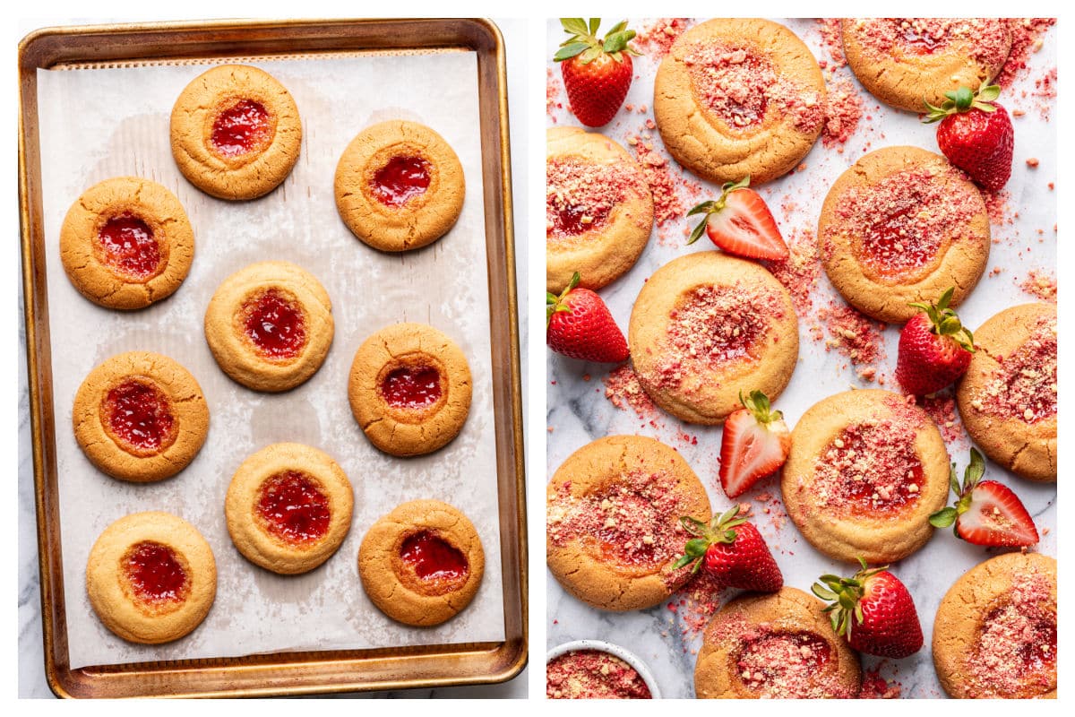Baked strawberry shortcake cookies on a baking sheet next to cookies topped with strawberry crumbs.