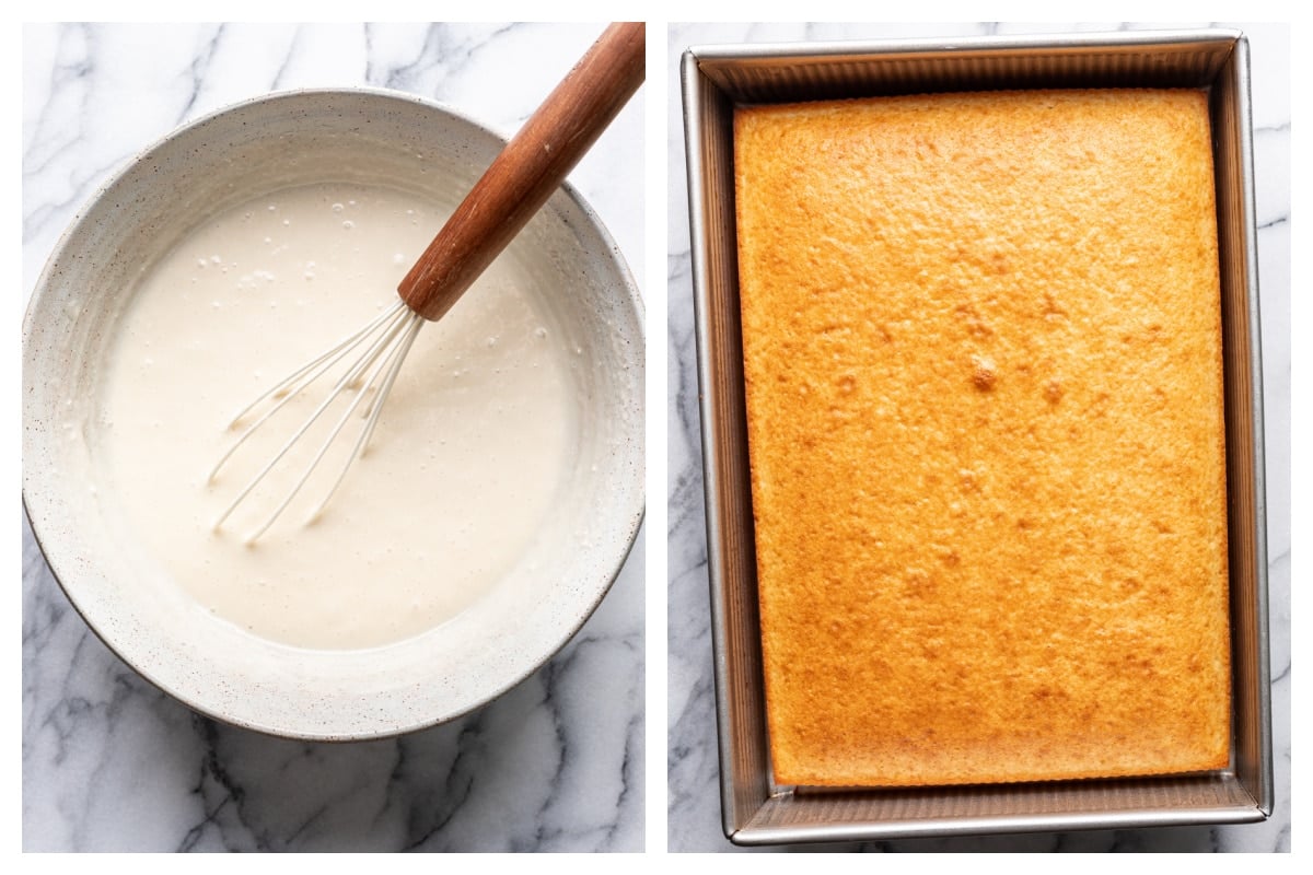 A bowl of white cake batter next to the baked cake in a pan.