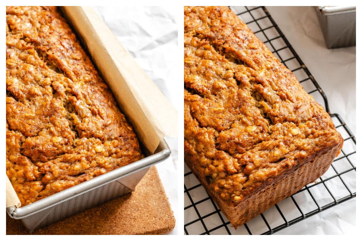 Baked banana oatmeal bread in a pan next to banana oatmeal bread on a wire cooling rack.