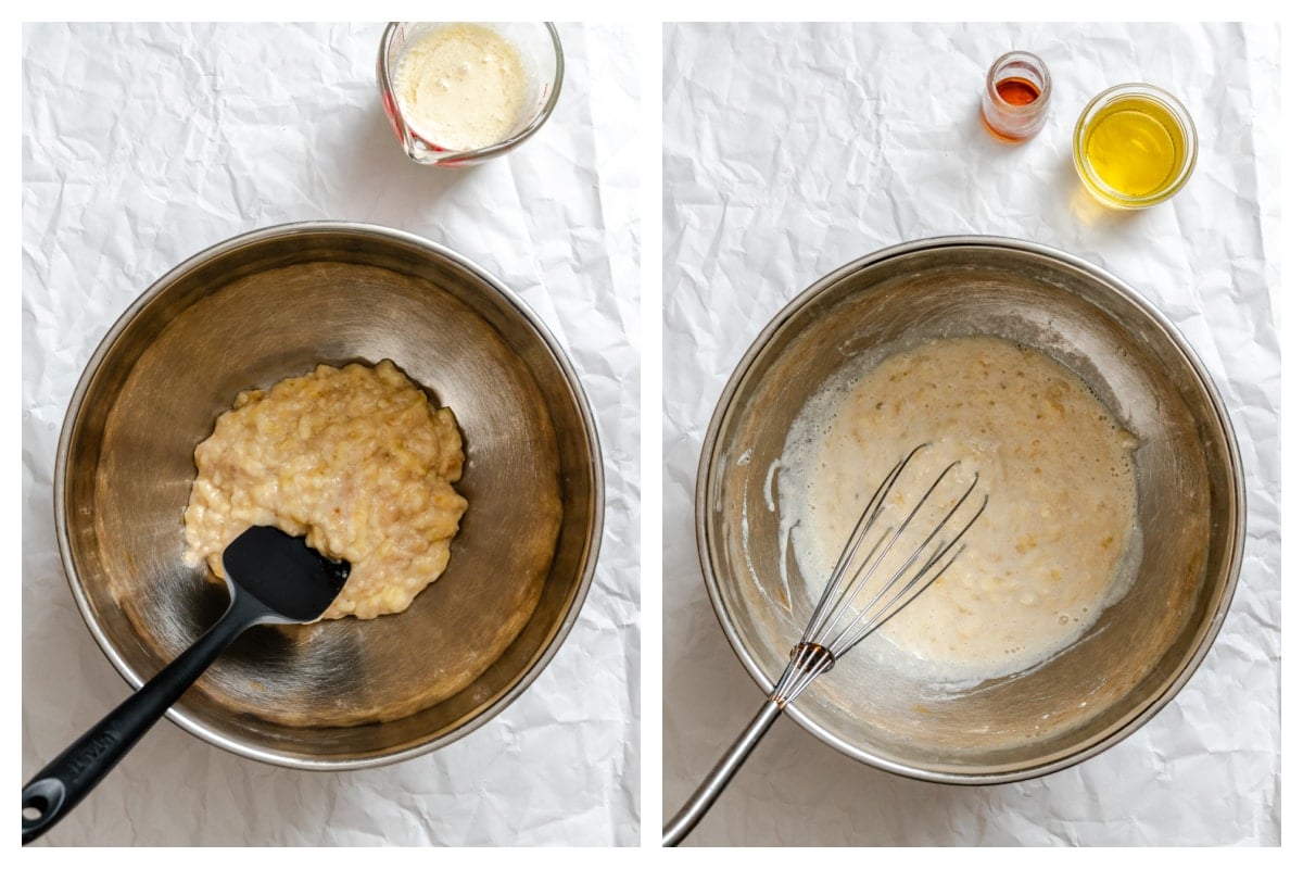 Mashed banana in a mixing bowl next to buttermilk stirred into mashed banana.