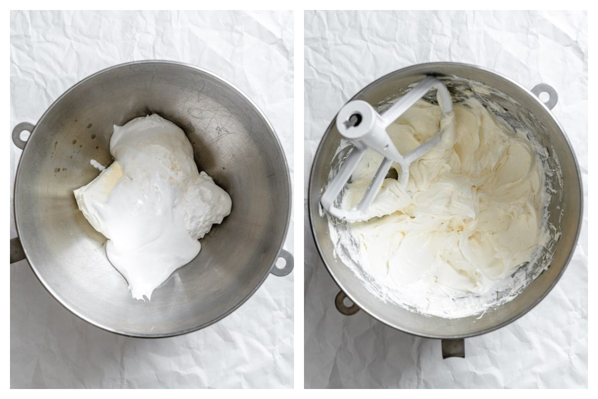 ingredients for marshmallow fluff fruit dip in a mixing bowl and the dip ingredients mixed together.
