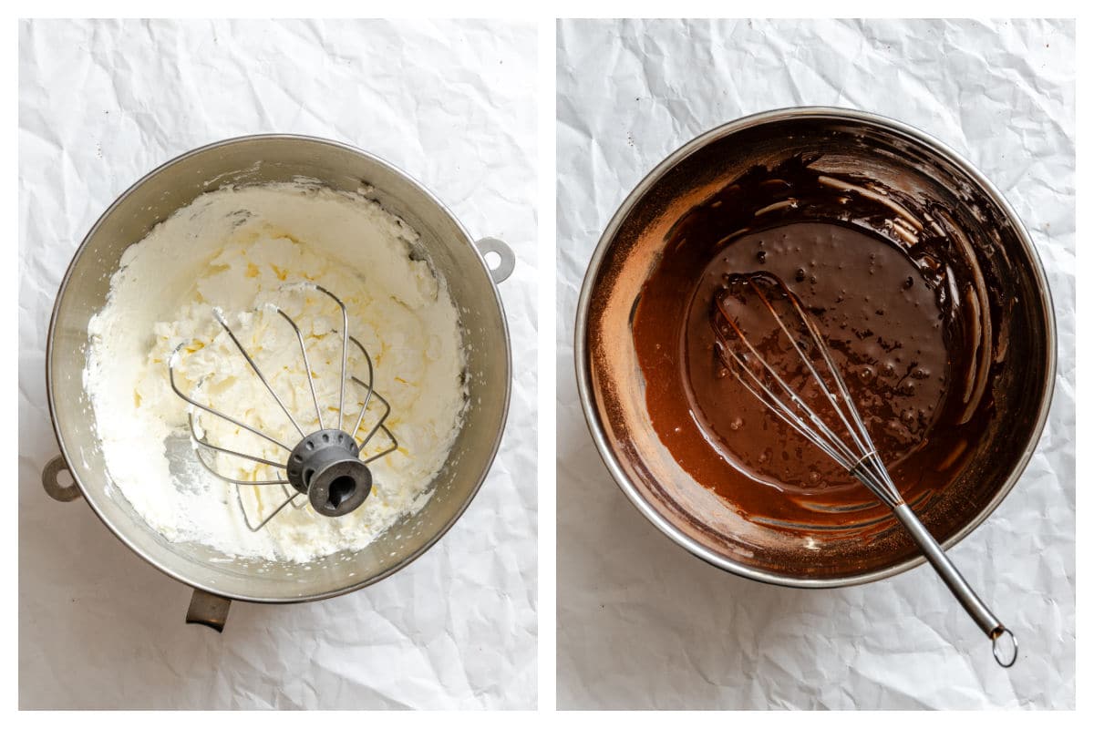 Whipped cream in a mixing bowl next to a bowl with cocoa powder and condensed milk.