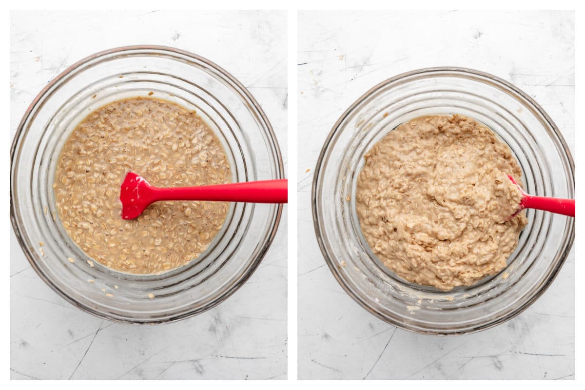 Cake oats berries - I eat the heart Wet components in a mixture mixed next to the mixture of oat cakes in a bowl.
