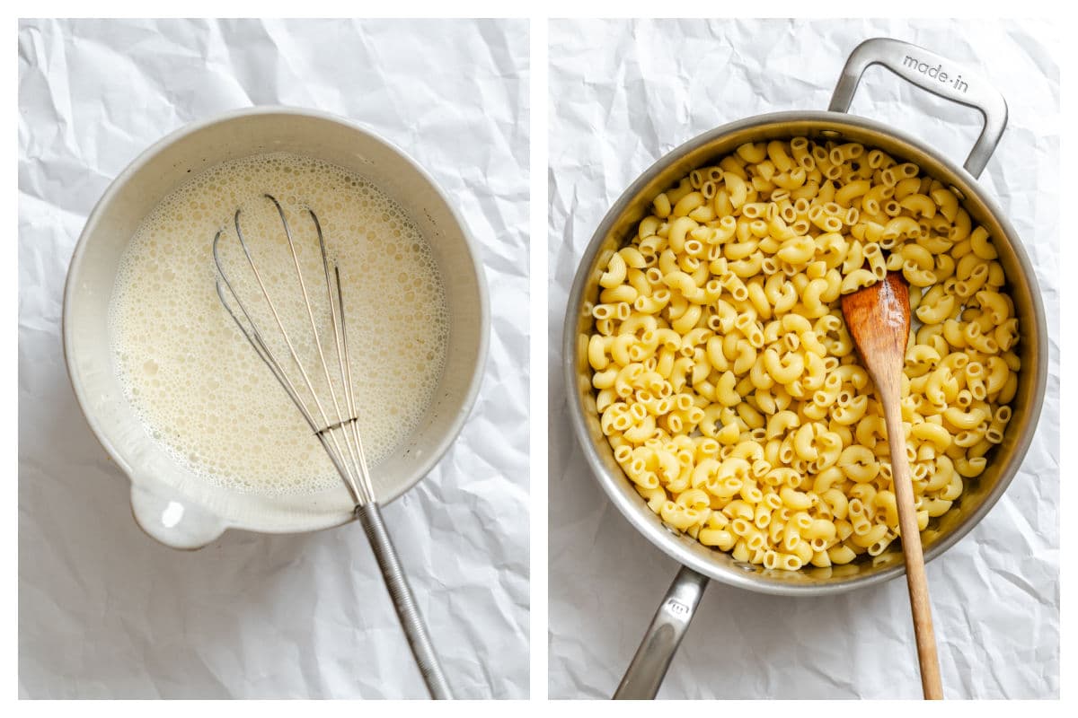 Mayonnaise mixture in a mixing bowl next to cooked macaroni in a skillet.