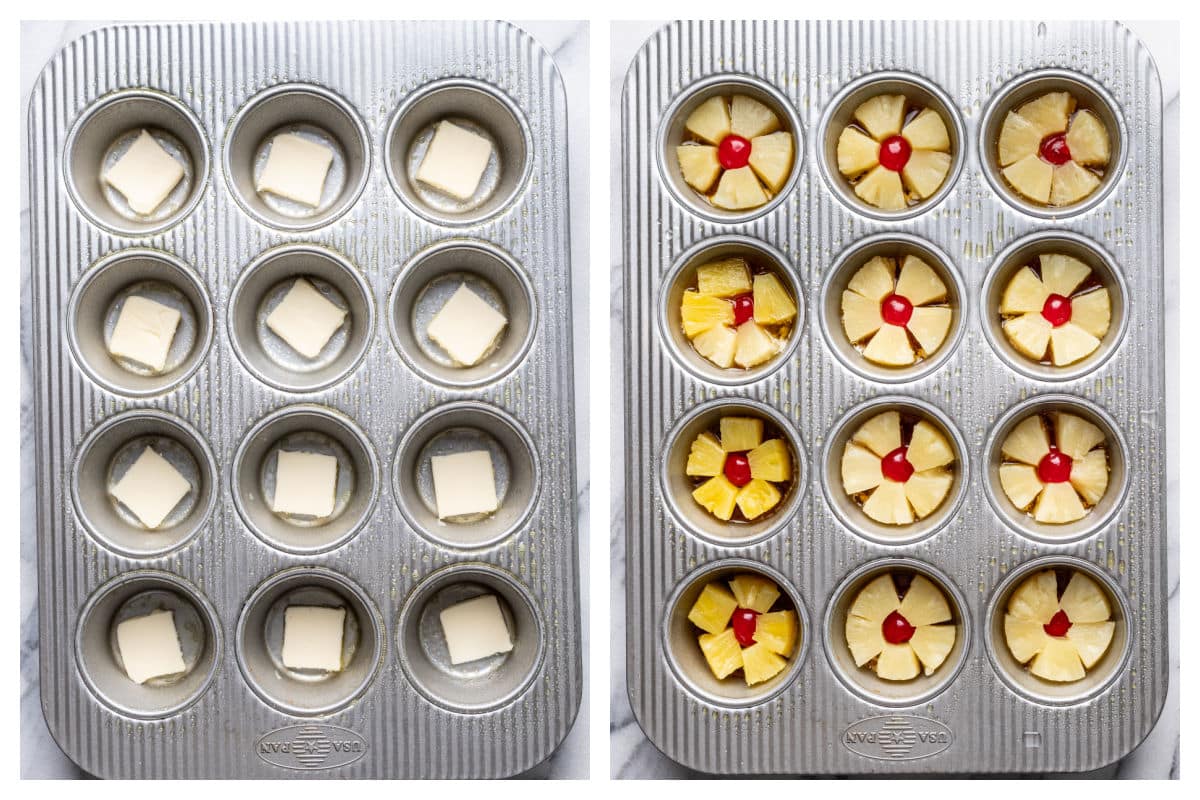 A slice of butter in a muffin tin next to pineapple pieces and maraschino cherries in a muffin tin