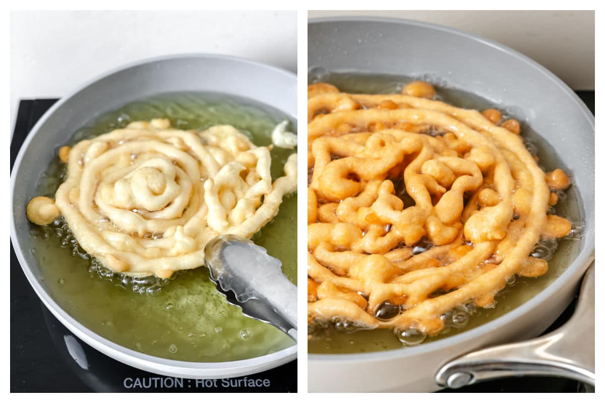 Tongs flipping a funnel cake in oil. A golden brown funnel cake in oil. 