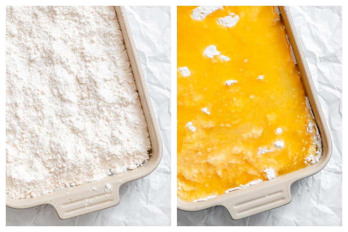 Cake mix sprinkled over crushed pineapple in a pan next to melted butter poured over the cake mix.