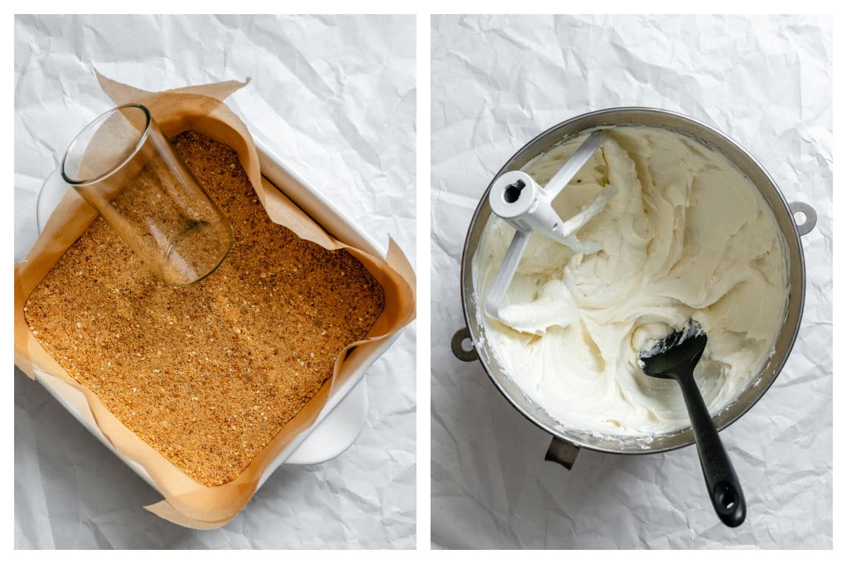 A glass pressing crumbs into a dish next to mixed cream cheese mixture.