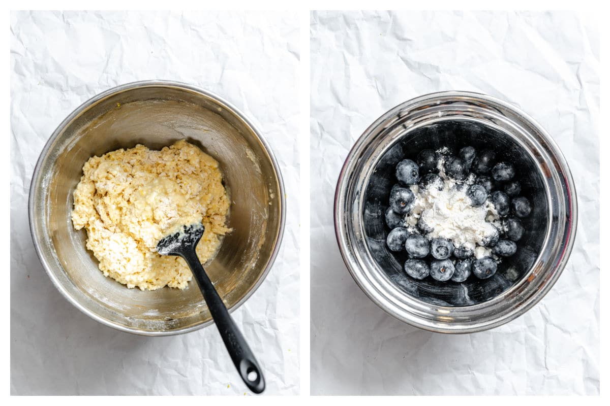 Dry ingredients stirred into wet for blueberry cottage cheese muffins and blueberries tossed with flour.