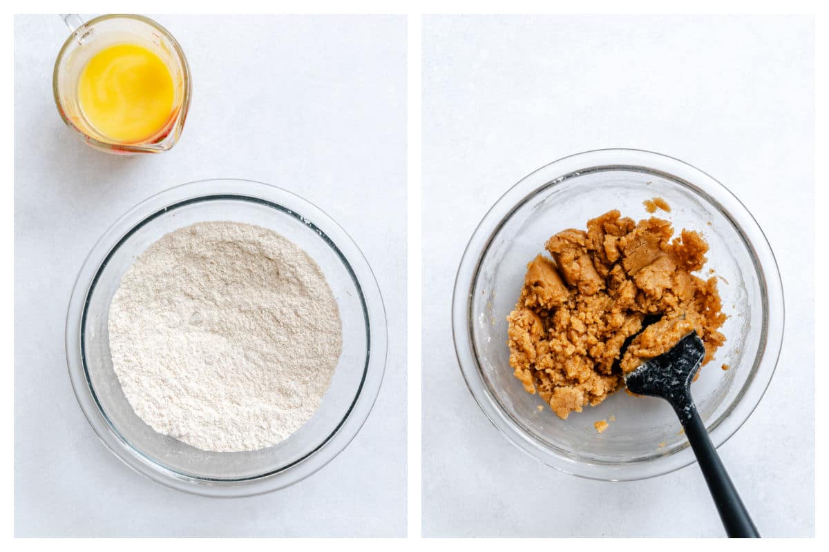 Dry ingredients for crumble in a mixing bowl next to crumble topping in a mixing bowl. 