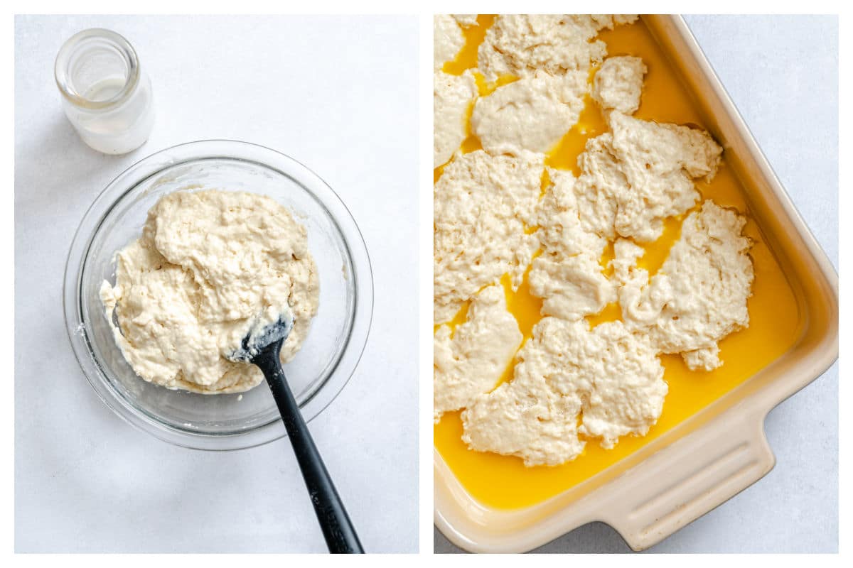 Cobbler topping in a mixing bowl next to cobbler topping over melted butter.