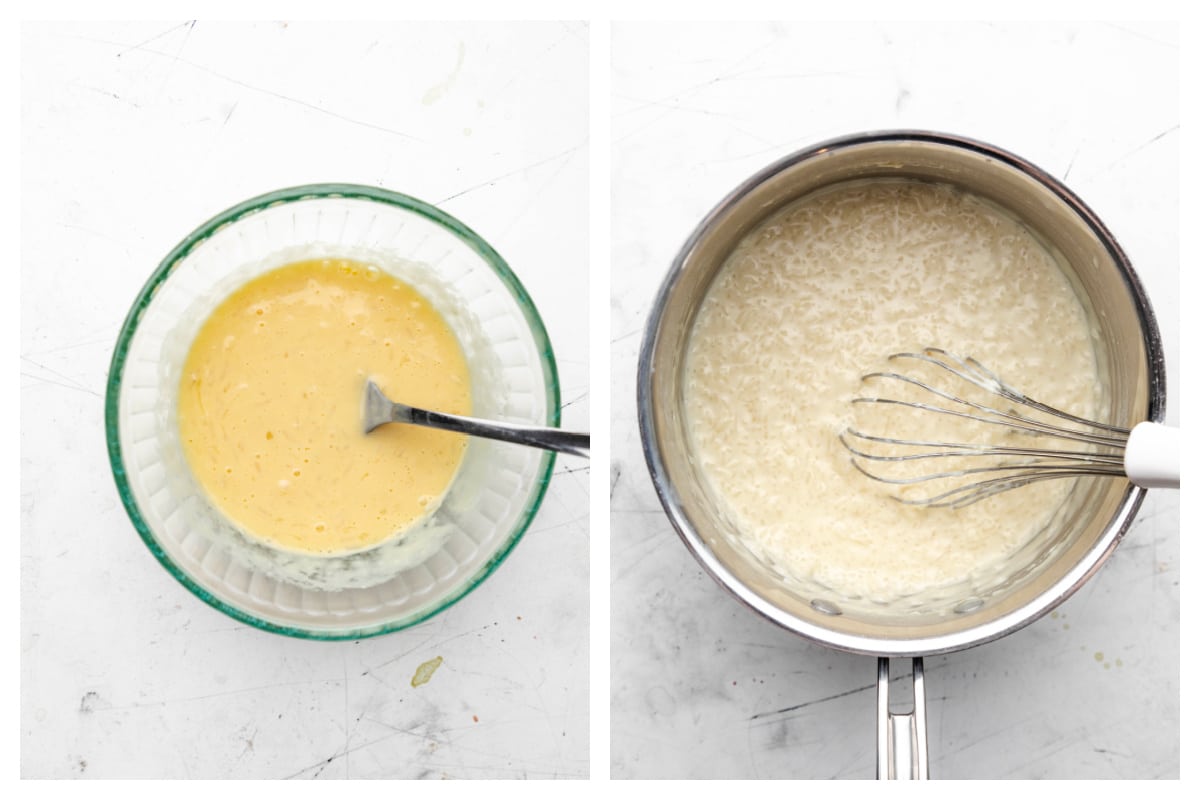 Pudding de riz mélangé à un mélange d'œufs et de pudding de riz au coco dans une casserole.