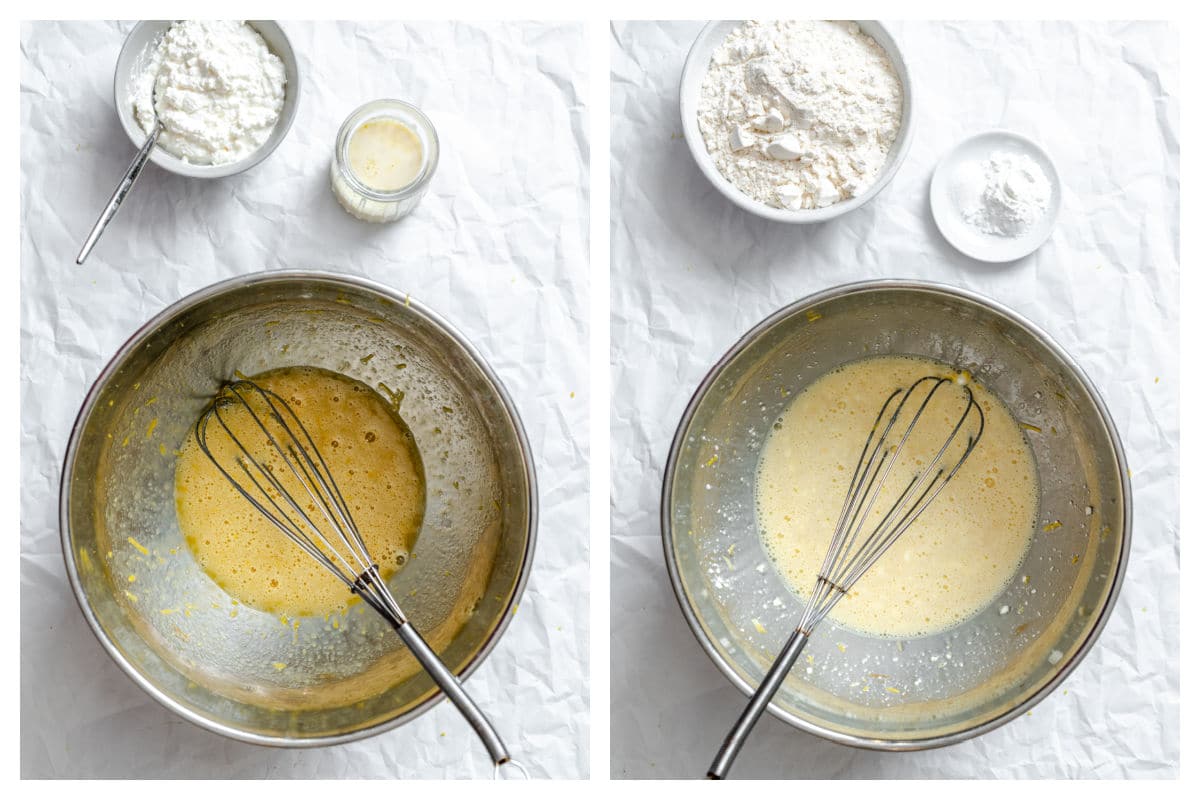 Oil sugar and egg mixed together next to cottage cheese mixed into mixture.