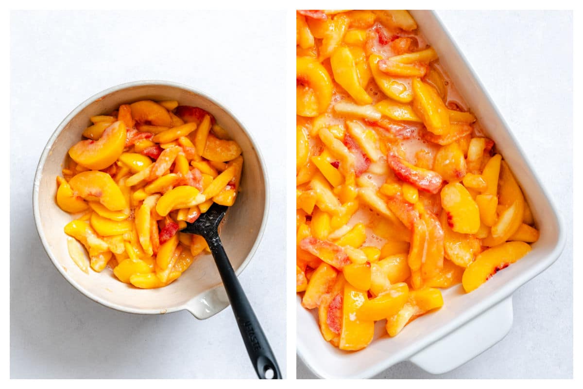 Peach slices tossed with sugar and lemon juice in a mixing bowl and peach slices in a baking dish.