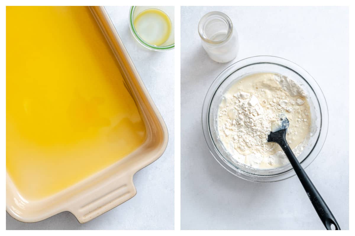 Melted butter in a baking pan next to dry ingredients in a mixing bowl.