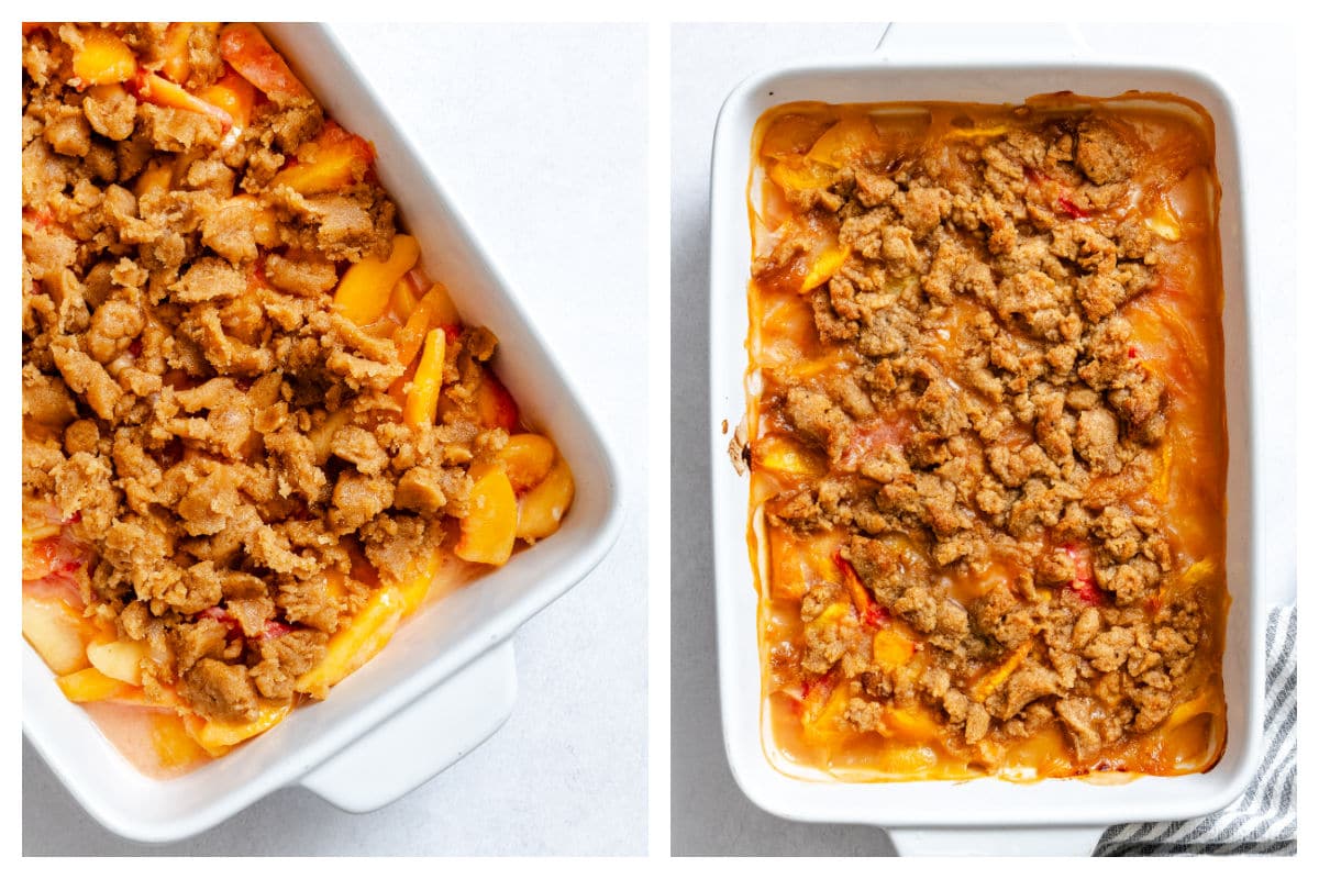 Unbaked peach crumble next to baked baked crumble. 