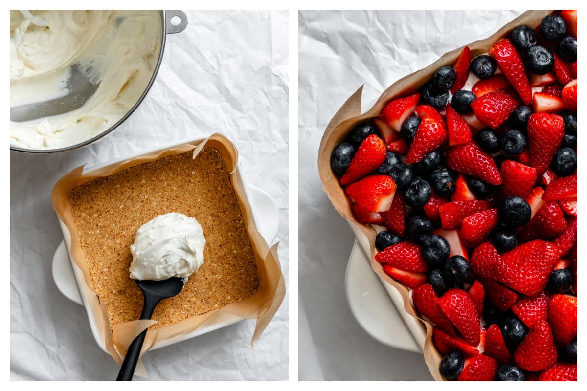 Cream cheese mixture on pretzel crust next to mixture topped with berries.
