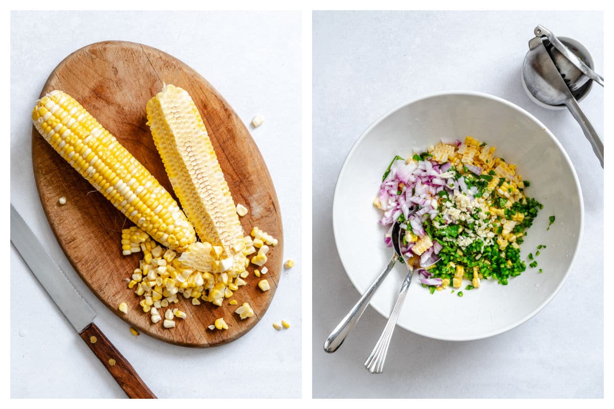 Kernels stripped from ears of corn next to corn salsa in a white dish.