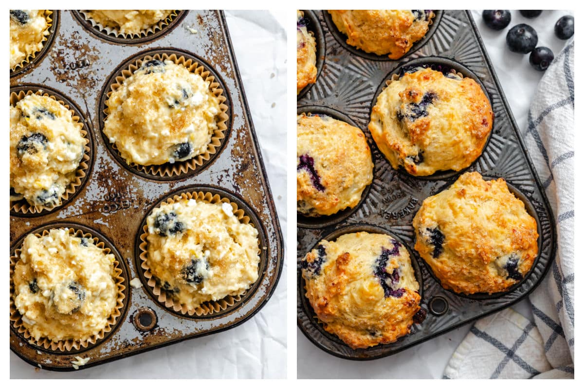 Unbaked and baked blueberry cottage cheese muffins in a muffin tin.