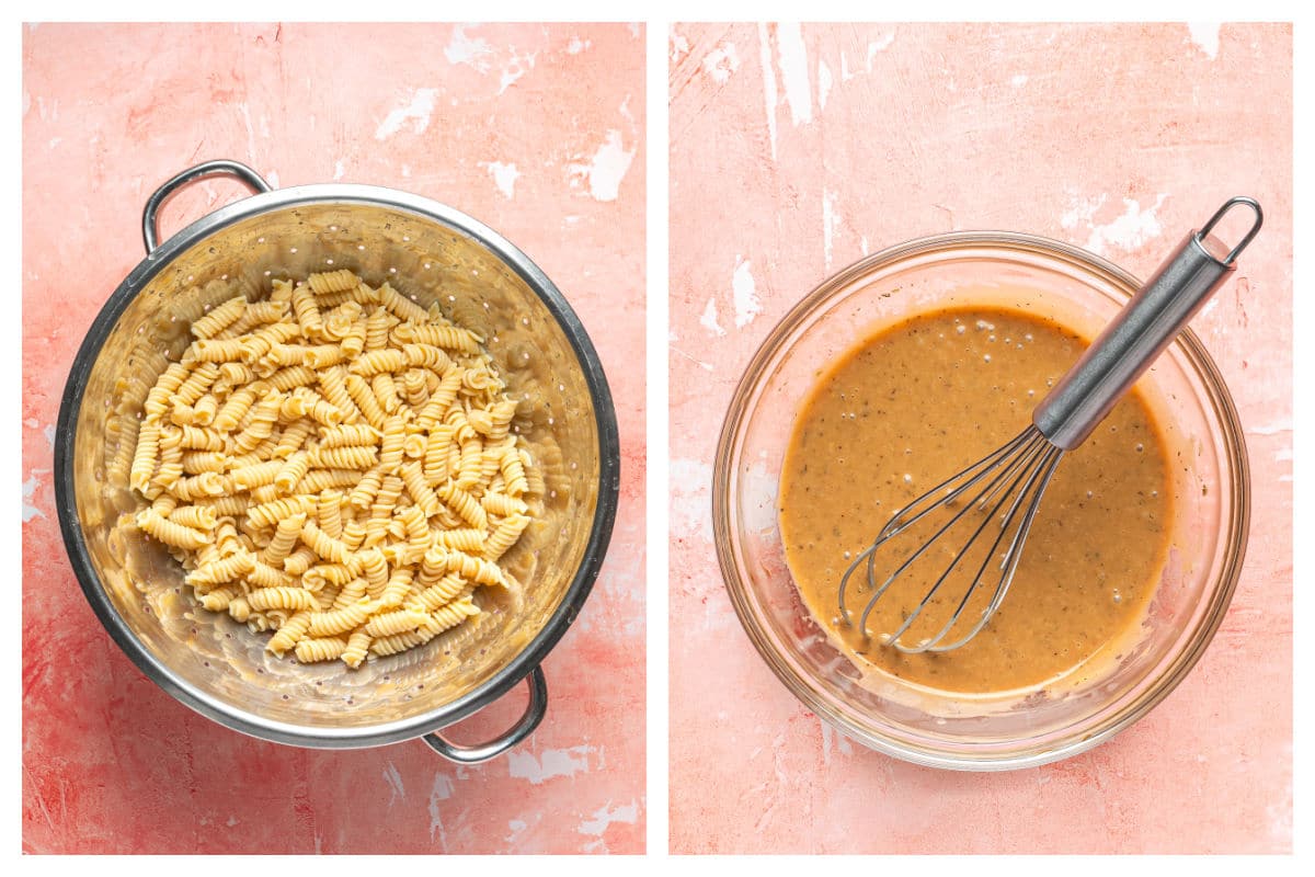 Une passoire contenant des pâtes rotini cuites à côté d'un bol de vinaigrette balsamique.