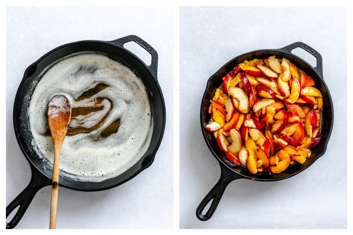 Brown butter in a cast iron skillet next to sliced peaches tossed in butter and sugar.