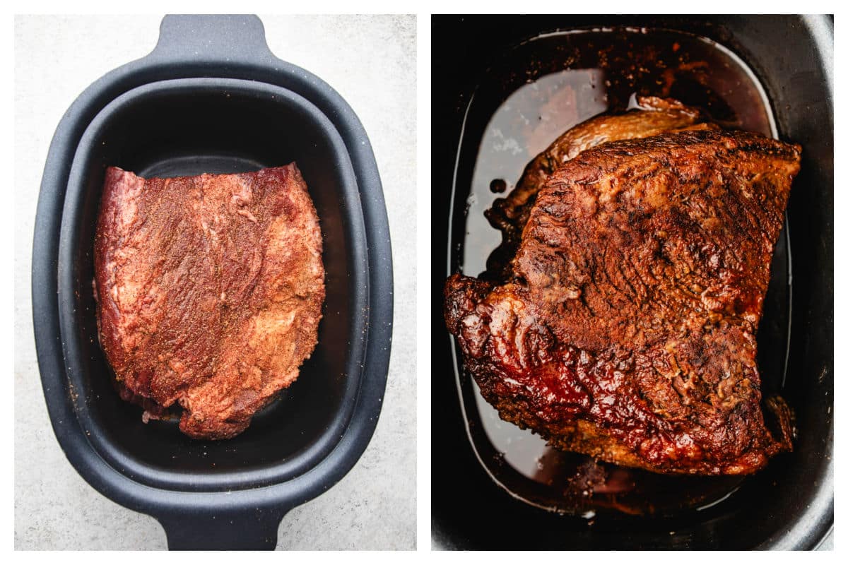 Brisket rubbed with grill spices and liquid smoke in a slow stove next to the cooked breast.