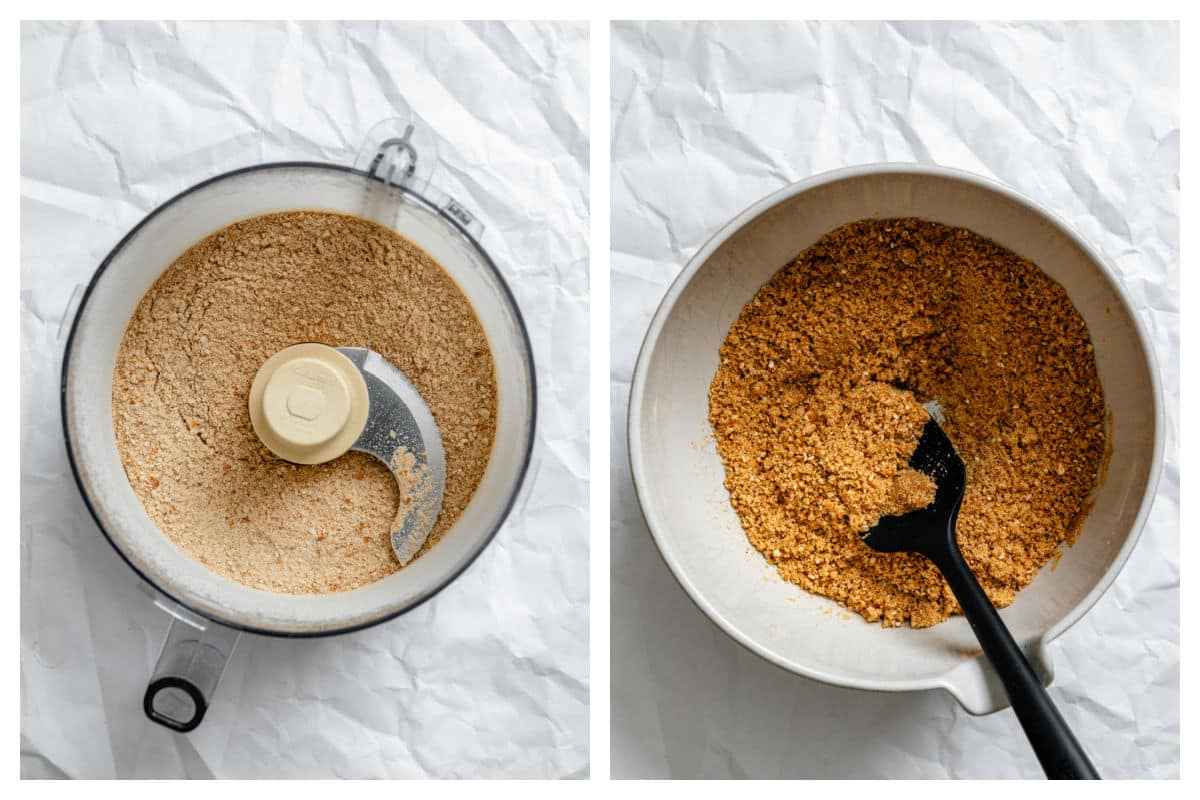 Crushed pretzels in a food processor. Butter and crushed pretzels in a bowl.