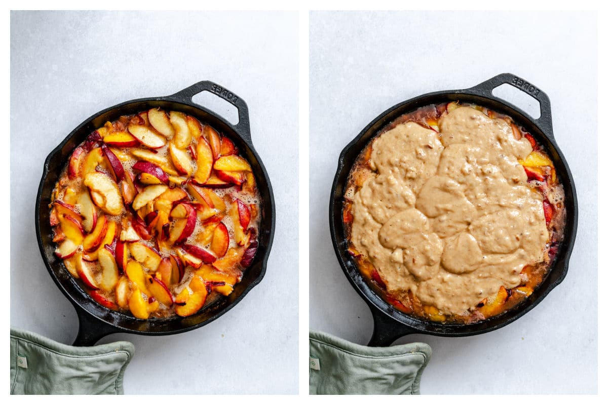 Partially baked peach slices in a skillet next to peach slices covered with unbaked cobbler topping.