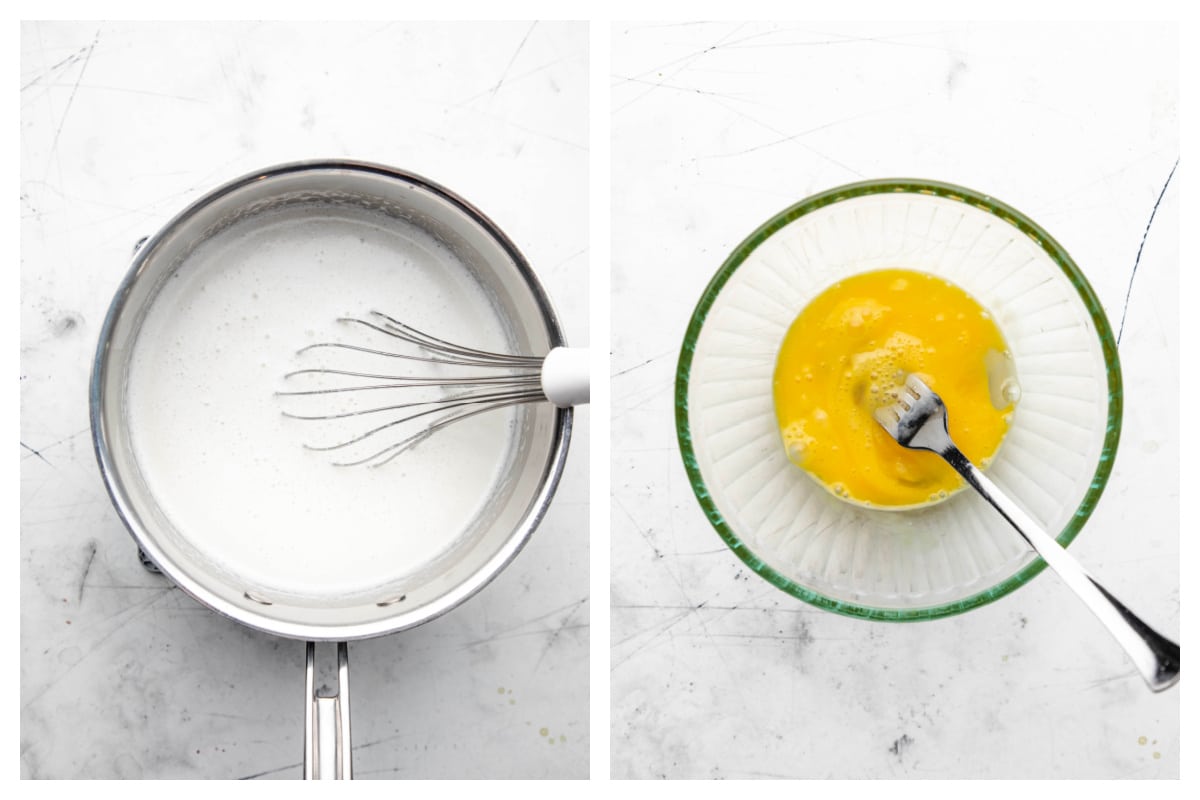 Lait, lait de coco, sucre et sel dans une casserole à côté d'un œuf et d'un jaune d'œuf fouettés dans un bol.