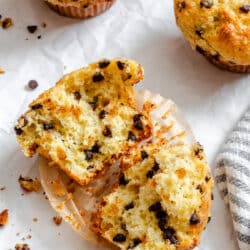 A chocolate chip cottage cheese muffin broken in half.