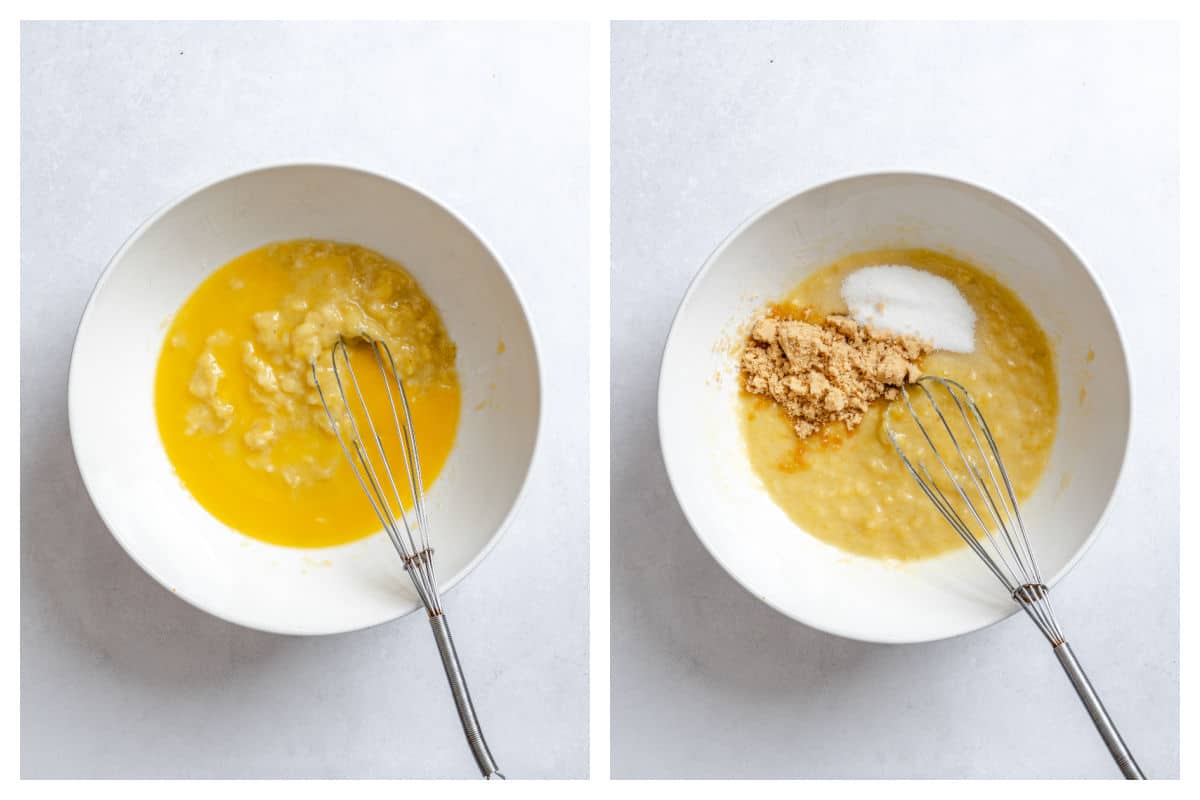 Butter and banana in a mixing bow next to sugars on banana mixture.