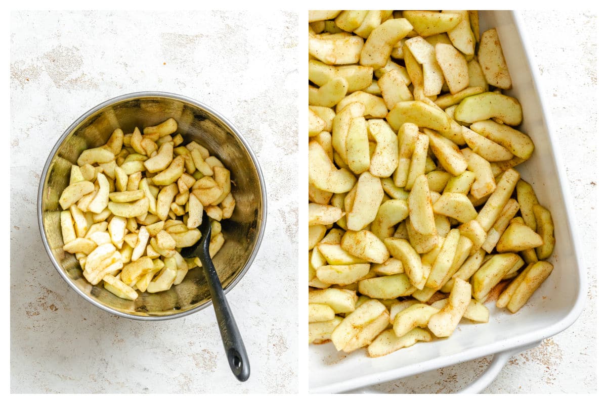 Apple slices tossed in spices next to apple slices in a baking pan. 