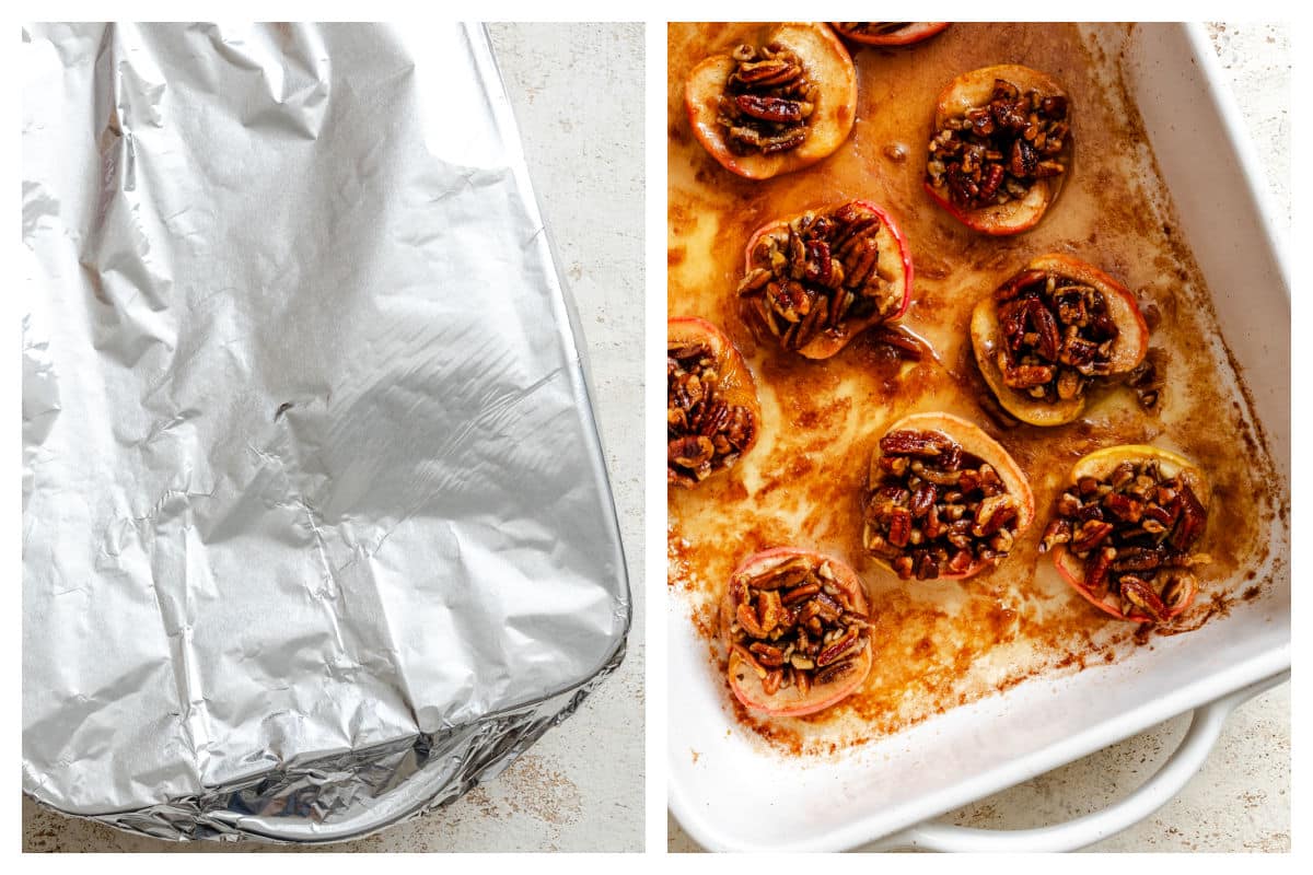A baking pan covered with aluminum foil next to a baked pan of apples.