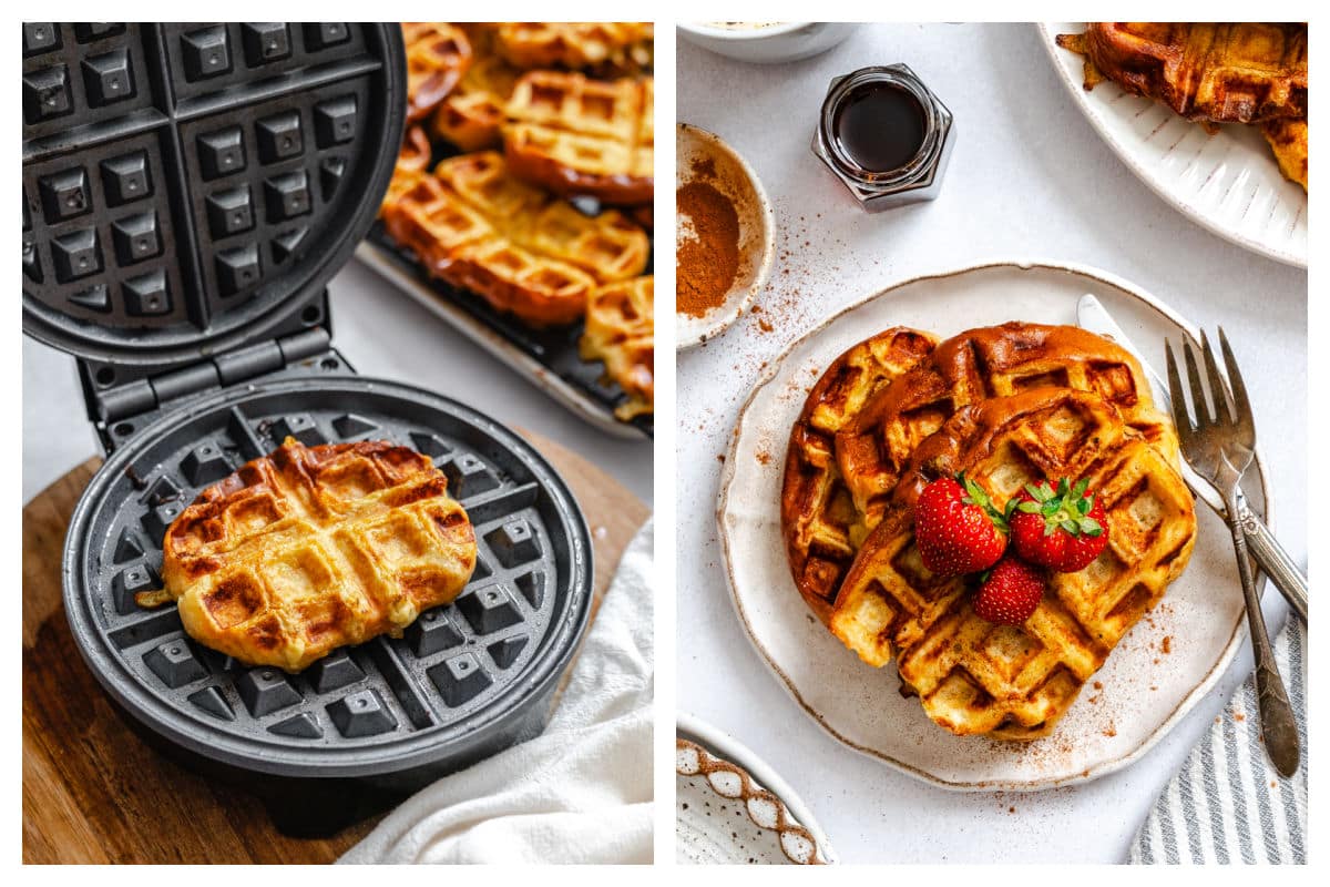 A French toast waffle cooking in a waffle iron next to the waffles on a plate.