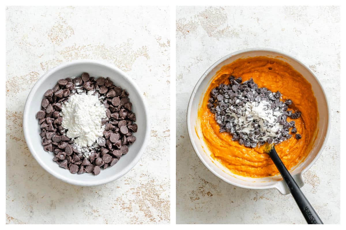 Chocolate chips and flour in a mixing bowl and chocolate chips on pumpkin bread batter. 