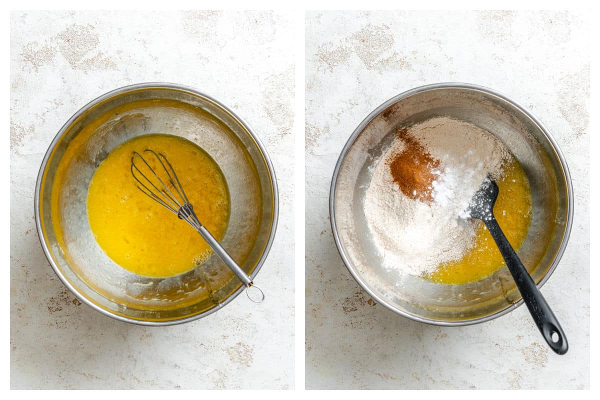Wet ingredients in a mixing bowl next to dry ingredients on wet.