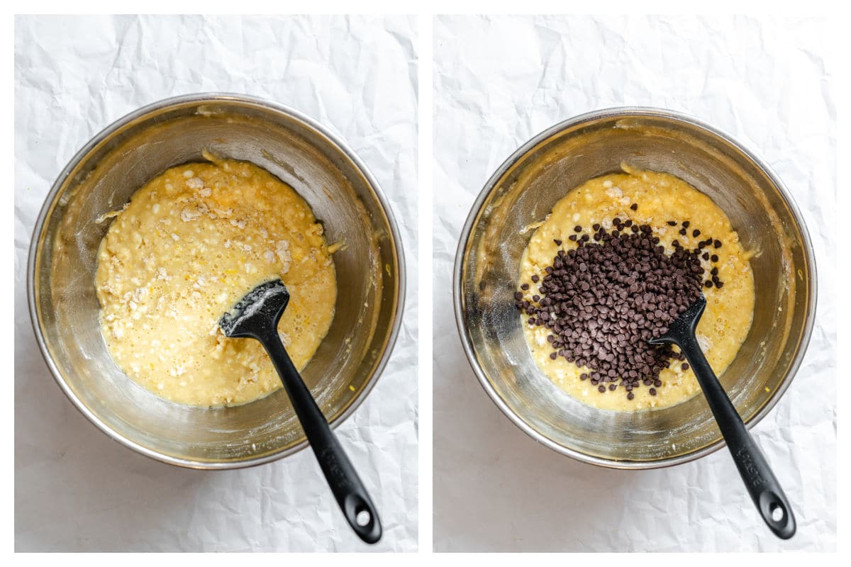Dry ingredients added to wet ingredients next to small chocolate chips on the mixture. 